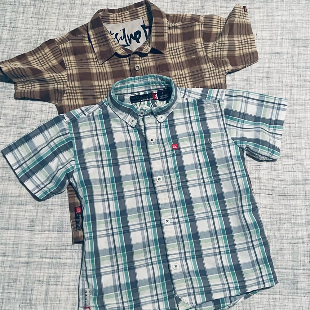 Two Shirts 4 4t boys QUIKSILVER button down EUC brown blue Spring casual Easter